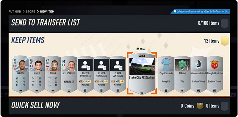 A FIFA 23 Stadium Item in the New Item list menu shows as an Untradeable Item with a blue banner message in the top-right corner.