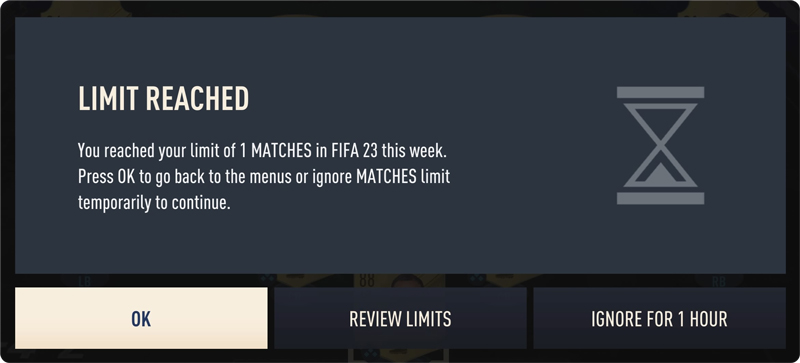 Playtime reminder message about reaching your match limit in FIFA 23.