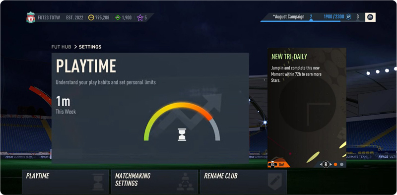 FUT Hub Settings menu shows the Playtime tile next to Matchmaking Settings, and Rename Club.