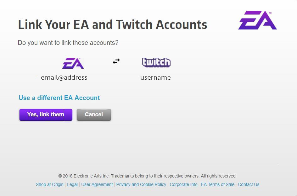 Écran de vérification où vous pouvez cliquer pour associer vos comptes EA et Twitch