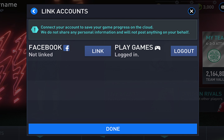 Link Accounts menu showing Link button for Facebook in FIFA Mobile game app.