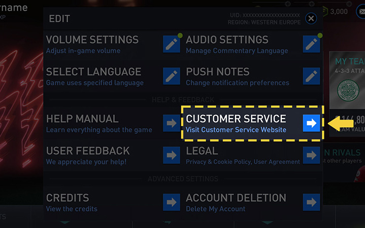 Contatta Aiuto EA nel menu Impostazioni facendo clic sulla freccia accanto a Servizio clienti.