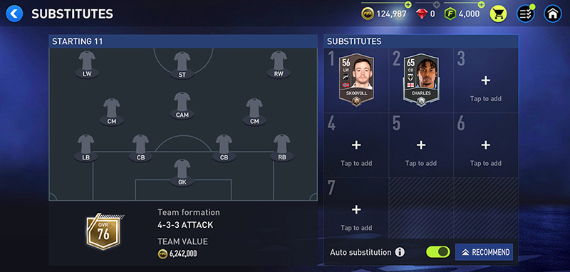 My Team Substitutes menu showing selected and suggested subs during matches.