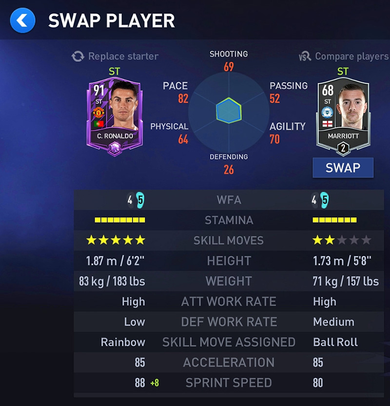 Swap player menu shows two players comparing their attributes.