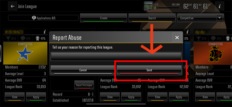 Report Abuse for Leagues option screen in Madden NFL Overdrive.