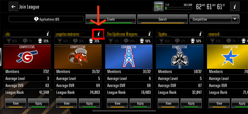 Join League screen in Madden NFL Overdrive with i icon highlighted.