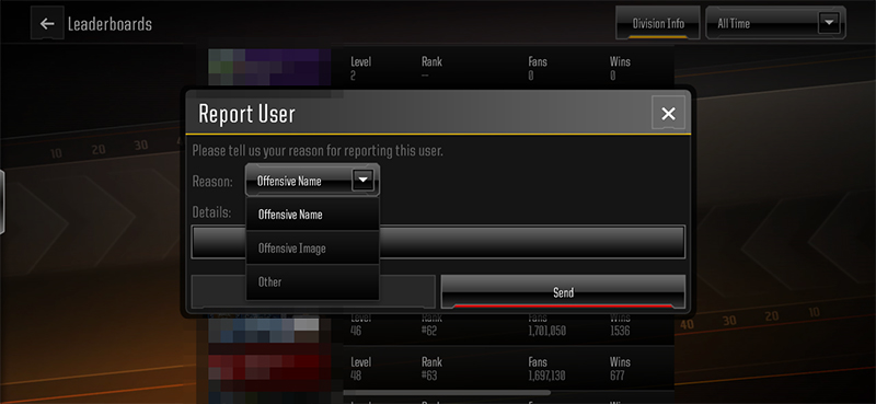 Report User screen in Madden NFL Overdrive.