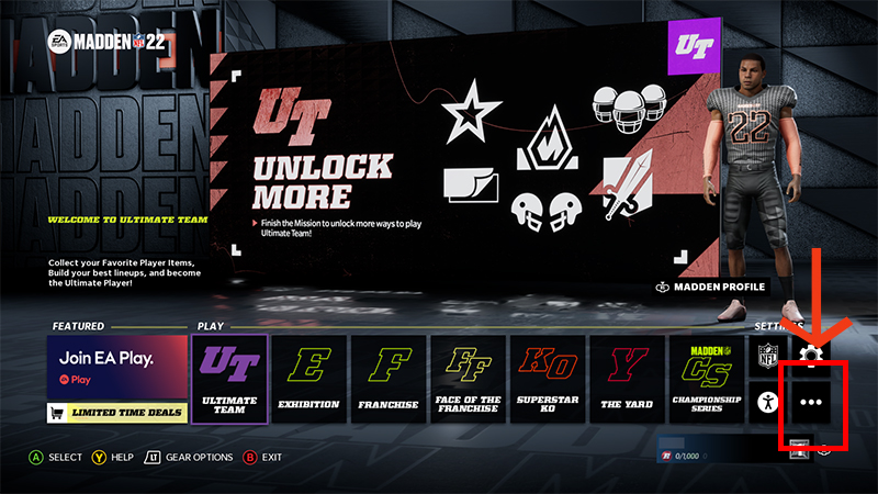 Madden 22 main menu with Options highlighted at bottom right.