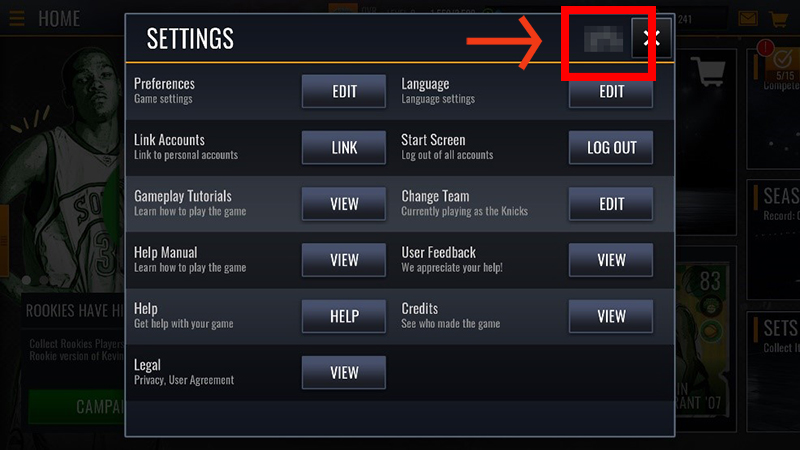 Your NBA LIVE Mobile User ID should appear at the top right side of the Settings menu.