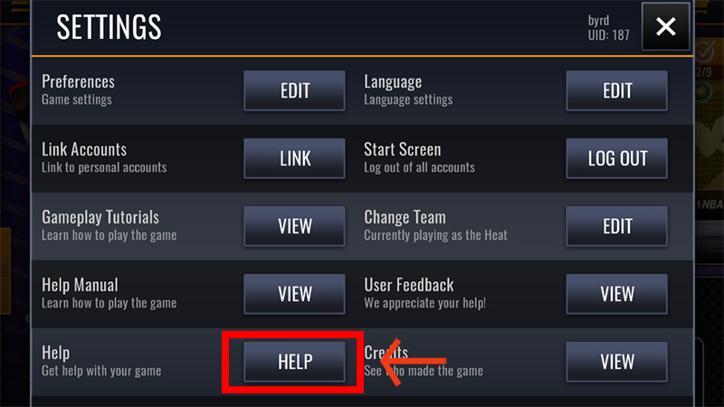 The Help button in the NBA LIVE Mobile Settings menu.