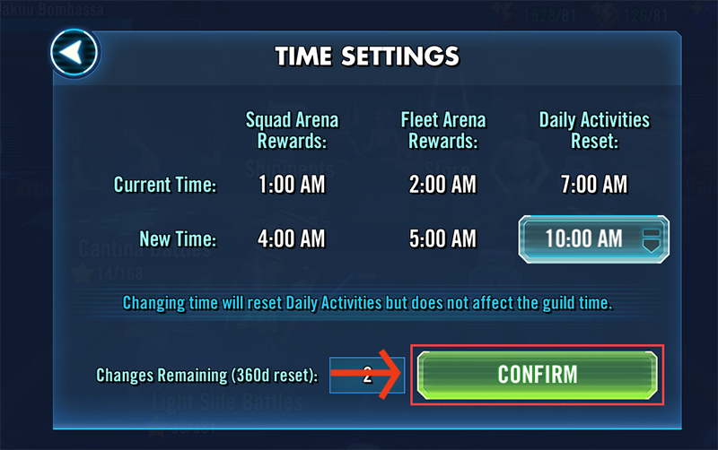 The Confirm button in STAR WARS: Galaxy of Heroes Time Settings.