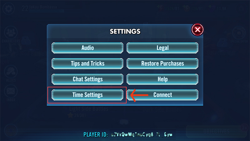 The Time Setting option in STAR WARS: Galaxy of Heroes.