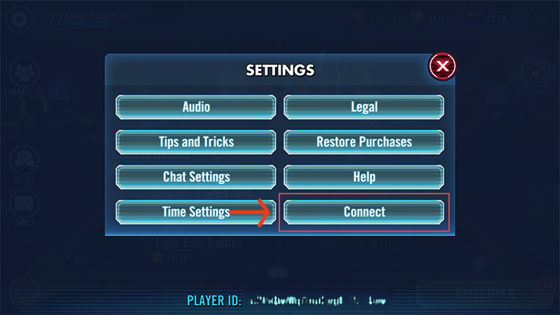 Screenshot of Connect button in Settings screen.