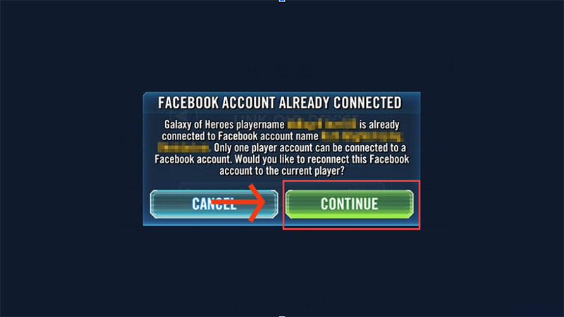 Screenshot of Facebook account already connected screen with Continue button.