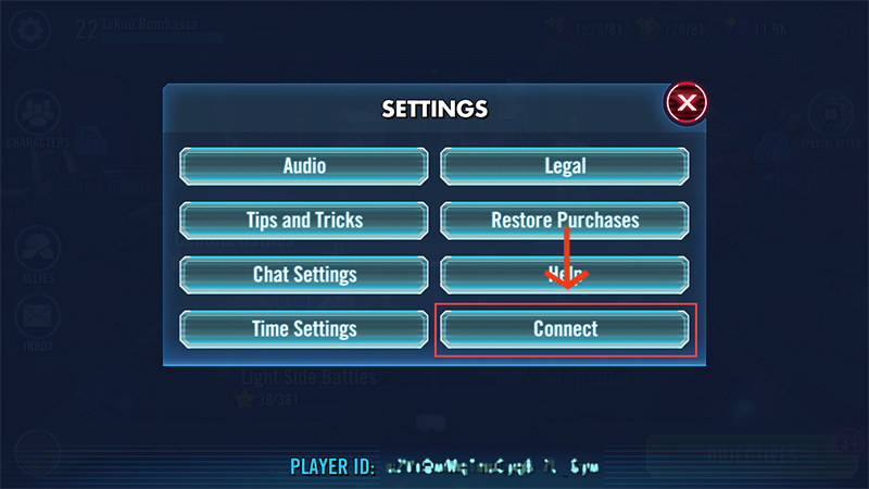 The Connect button in STAR WARS: Galaxy of Heroes Settings menu.