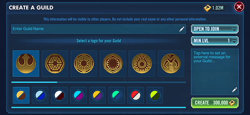 The Create a Guild screen is where a player can enter details for their Guild, such as name, logo, color scheme, set an external message, and pick membership requirements.