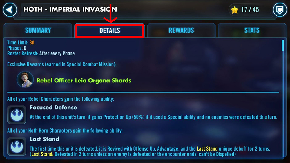 The details tab shows information on enemies and rewards