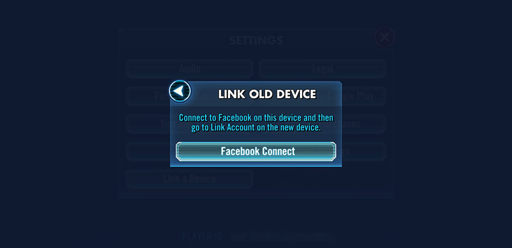 Screenshot of Link Old Device screen with Facebook Connect button.
