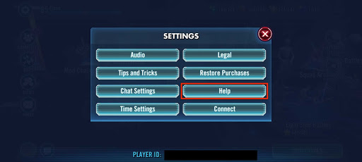 A screenshot of the settings menu in Galaxy of Heroes with the Help button highlighted.
