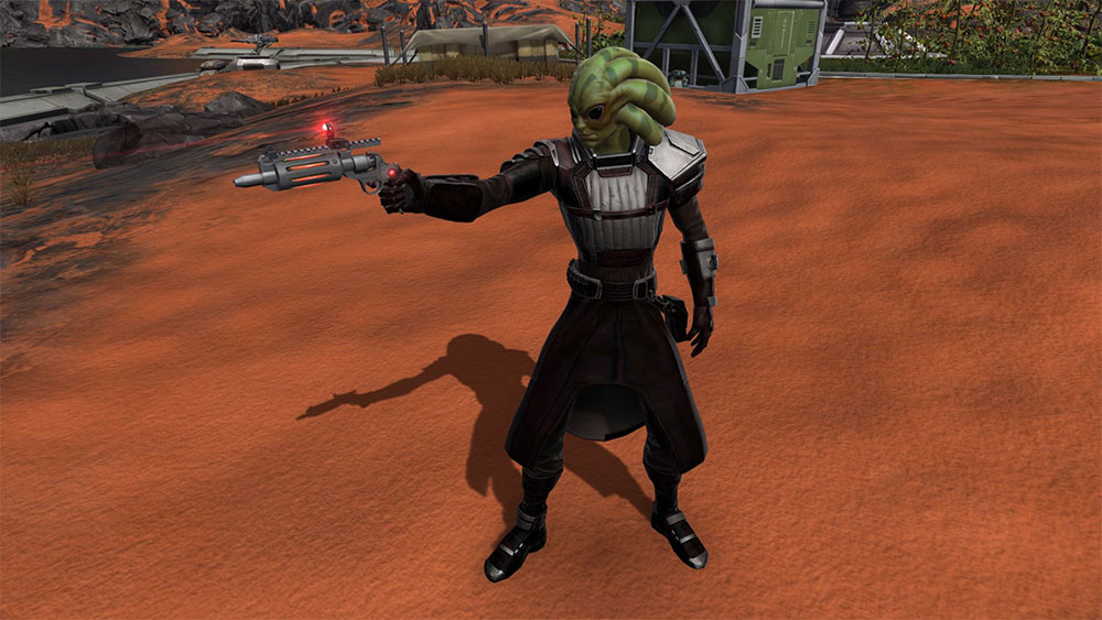 A screenshot of a Nautolan player Character wielding a blaster.
