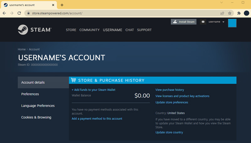 Steam account browser page showing the required account details.