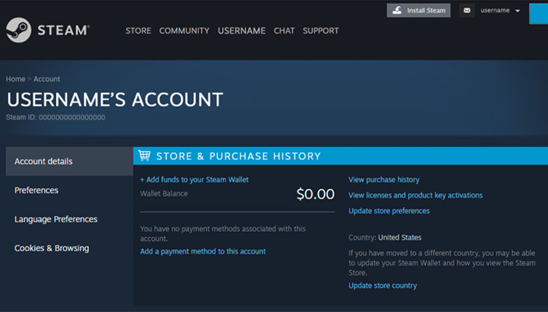 Steam account details page showing Steam ID and username.