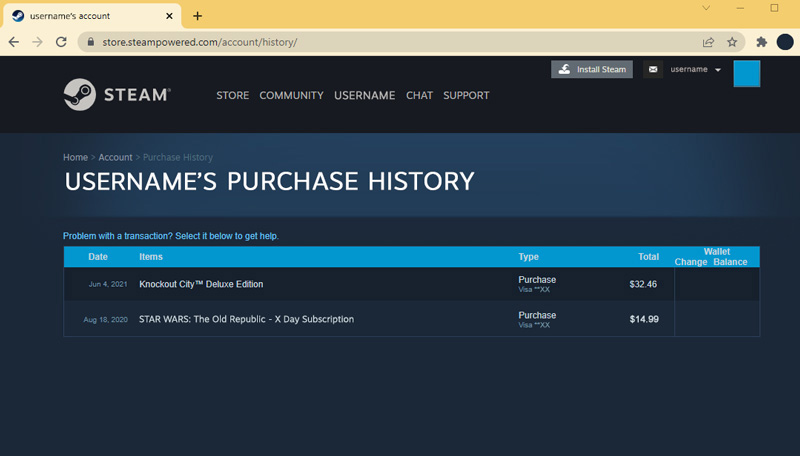 Page Internet de l'historique des achats dans Steam montrant une transaction SWTOR.