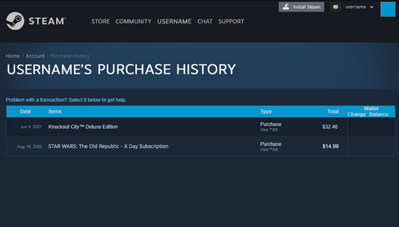 Page d'historique des achats Steam affichant les dernières transactions.