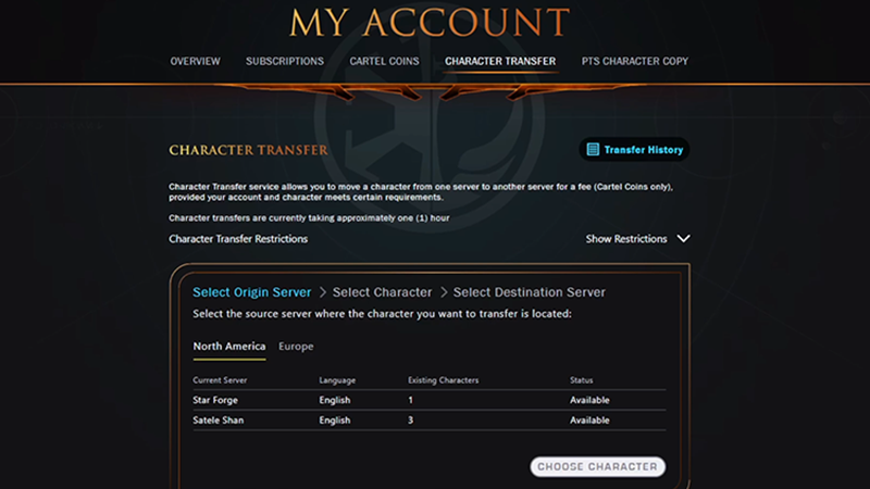 Character Transfer service in My Account