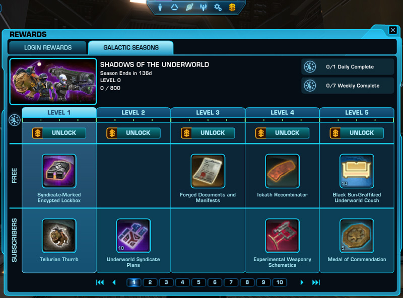 The Rewards window in SWTOR showing the Galactic Seasons progress bar.