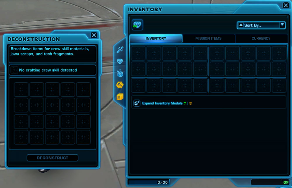 The new SW:TOR Personal Inventory and Deconstruction windows.