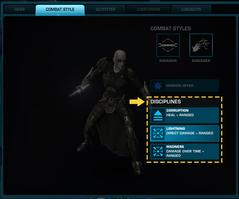 Character sheet page showing the Combat style tab and selectable disciplines.