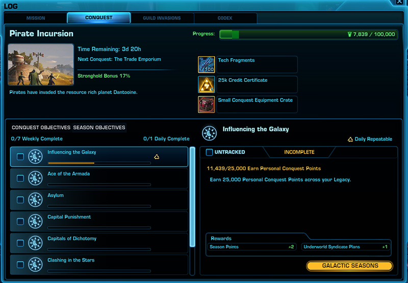 SWTOR Conquest tab in the Mission Log showing your progress on Season Objectives.