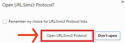 Coral dotted lines highlighting the Open URLSims3 Protocol button in a pop-up message.