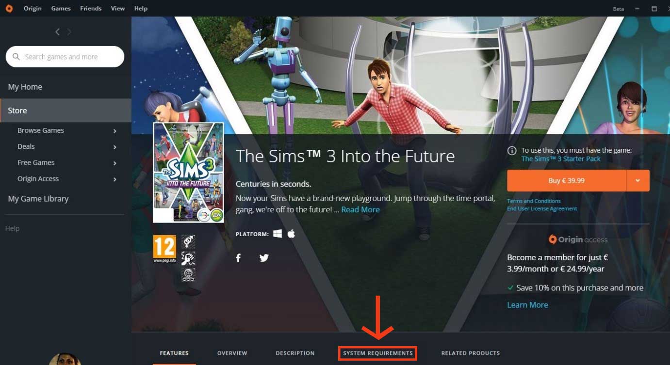 This picture shows how to find the system requirements for your game or expansion pack in Origin.