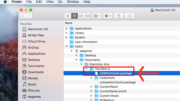 This image shows how to  find your Cache files inside The Sims 3 folder in Finder.