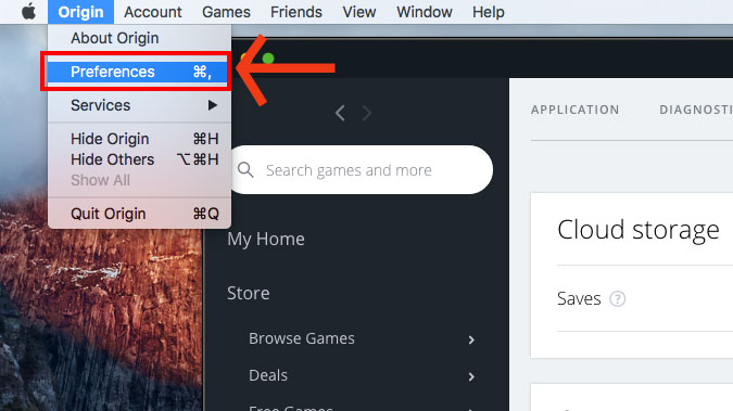 This image shows how to choose Preferences from the main Origin menu.