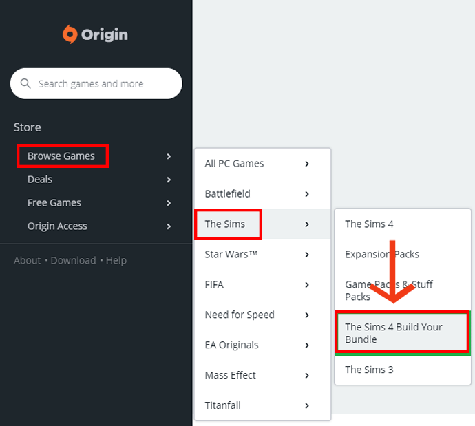Go to Browse Games, then The Sims, then Build a The Sims 4 Bundle