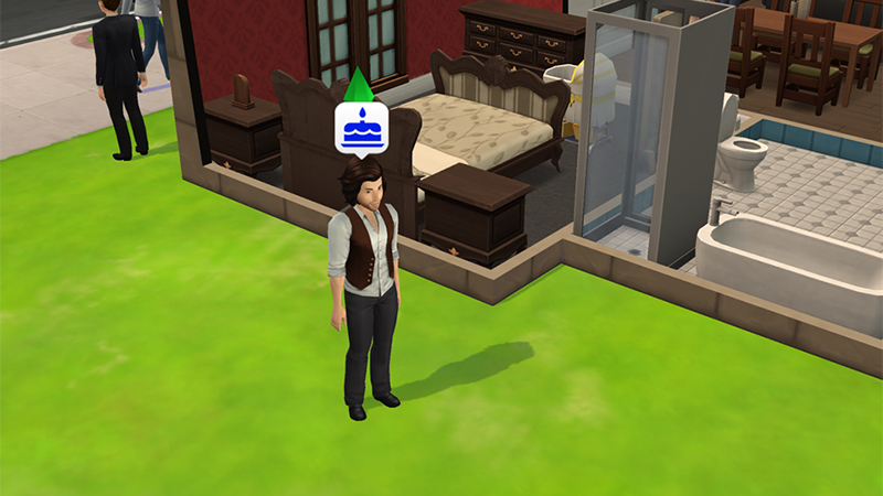 Birthday Cake icon above a Sims head in The Sims Mobile.