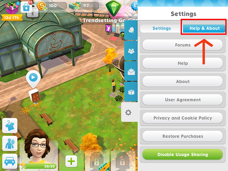 Der Hilfe- und Über-Button im Einstellungen-Menü von Die Sims Mobile.