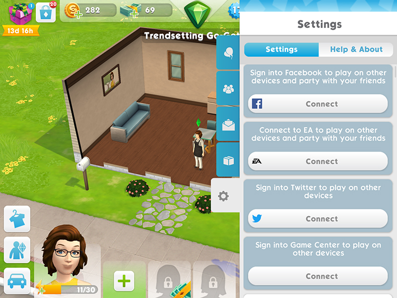 Einstellungen-Menü in Die Sims Mobile mit verschiedenen Optionen zum Verbinden mit Freunden.