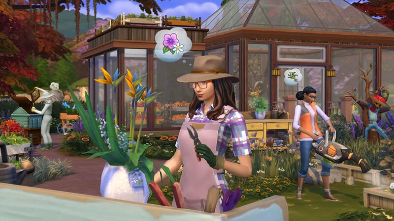 A group of Sims tending to their plants in the garden.