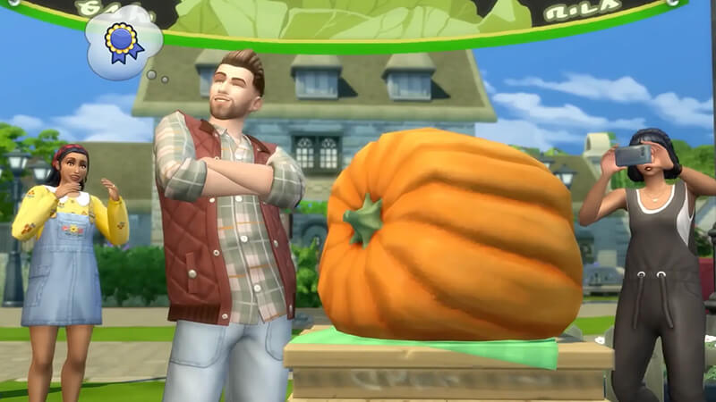 A Sim smirks as he wins first prize on his hugely overgrown pumpkin. Two Sims are in the back admiring him.