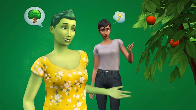 A PlantSim stands alongside a regular Sim and an apple tree. The regular Sim appears curious about the green coloration of the PlantSim.