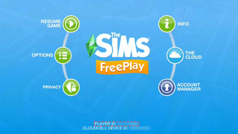 A coral dashed line surrounds the Player ID on The Sims FreePlay Settings screen.