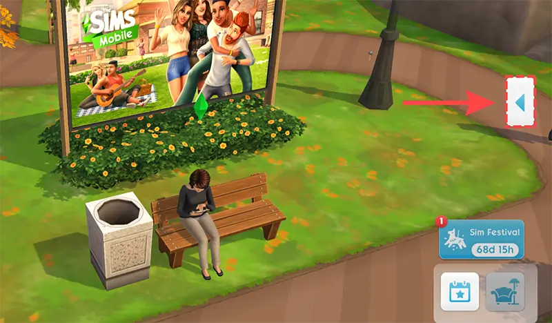 Bright red arrow and highlight on the side of the Sims game screen.
