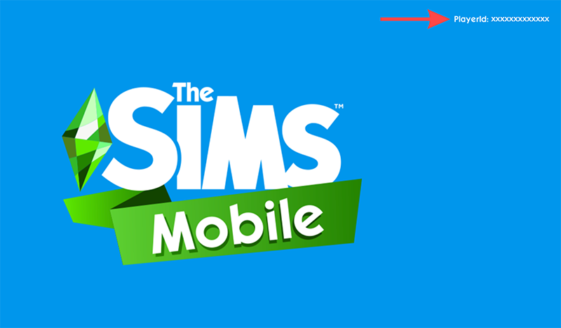 Rode pijl wijst naar de spelers-ID in het laadscherm van De Sims Mobile.