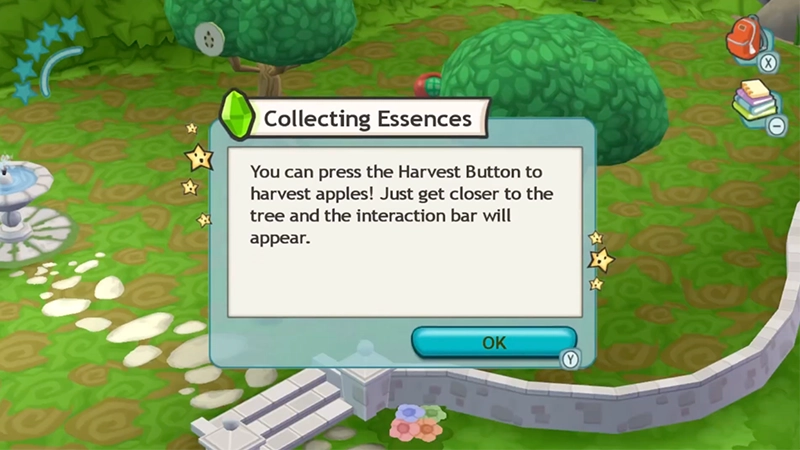 A pop-up notification appearing in-game that explains how to collect Essences by harvesting apples.