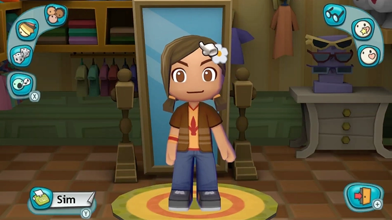 A Sim stands in front of a mirror in a virtual dressing room with various customization icons along both sides of the screen.