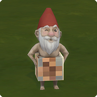 Este gnomo desnudo guiña el ojo sosteniendo una caja pixelada a la cintura y lleva un sombrero rojo en forma de cucurucho en la cabeza.